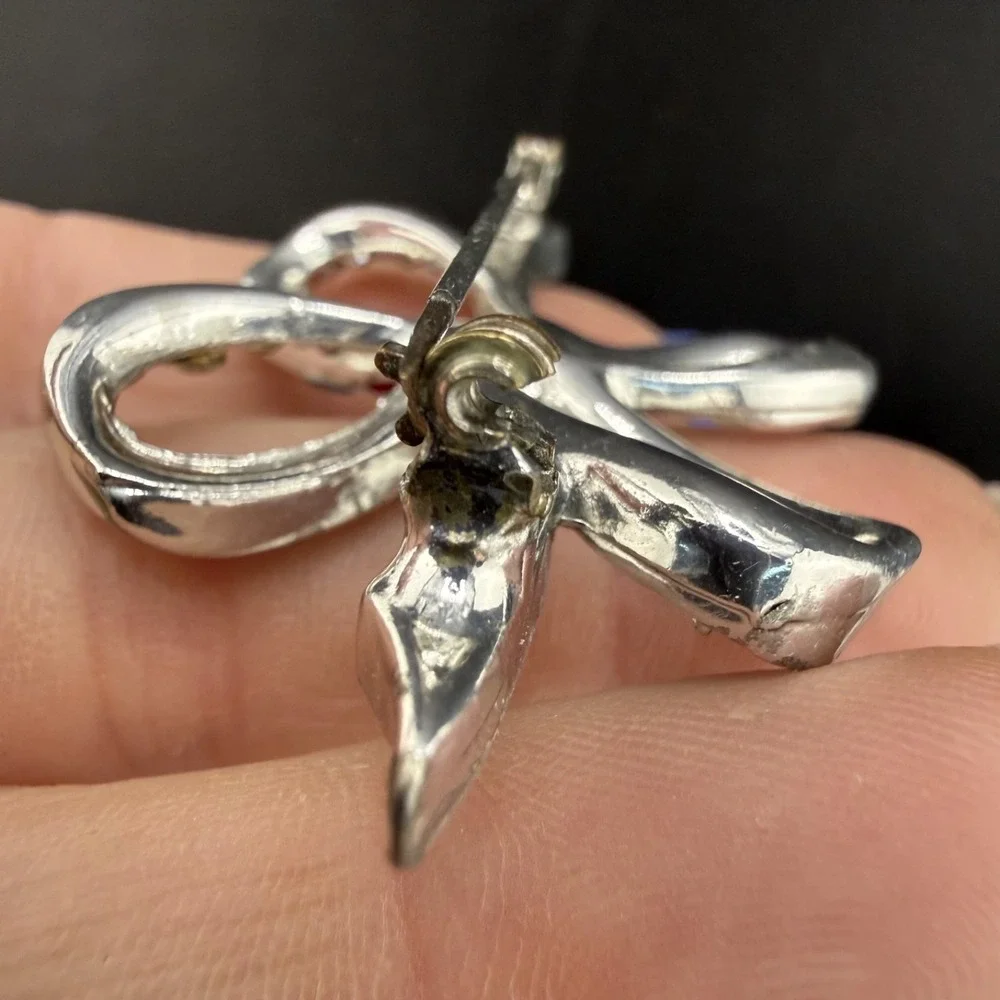 Vintage Rhinestone Brooch Silver Tone Bow‎ Blue Green Red